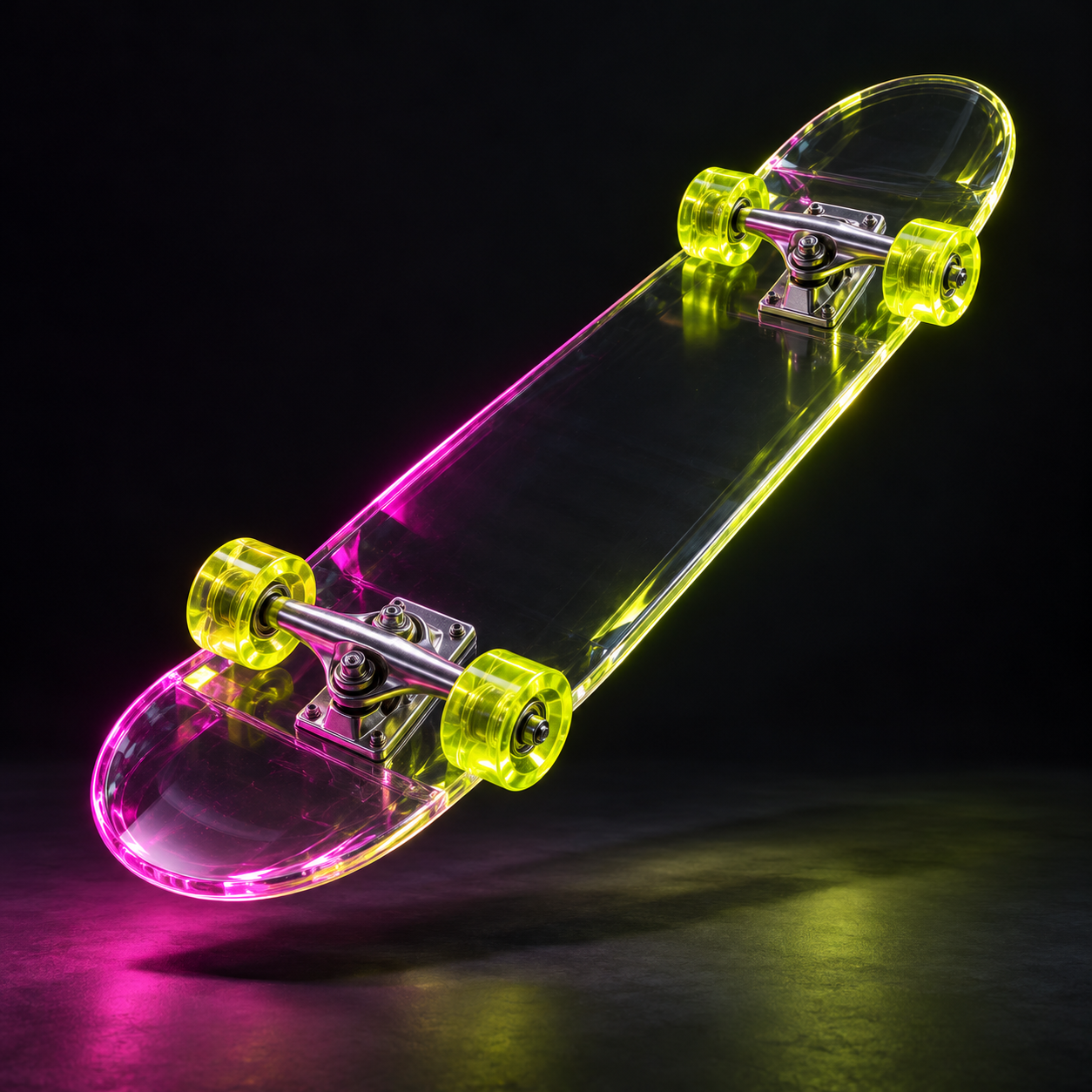 AI-generated concept of a clear acrylic skateboard with neon lighting